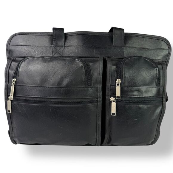 Vintage Briefcase Laptop Travel Bag Distressed Black Leather Rustic Rugged - Picture 4 of 15